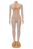 Abricot Fashion Sexy Patchwork Hot Drilling évidé See-through O Neck Skinny Jumpsuits