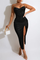 ブラックファッションセクシーなソリッドパッチワークスリットスパゲッティストラップノースリーブドレスドレス