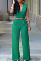 Patchwork solido casual alla moda verde con tute regolari con scollo a V cintura