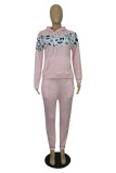 ピンクファッションカジュアルプリントパッチワークフード付きカラー長袖ツーピース