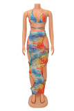 Multicolor Sexy Print Bandage Hollowed Out See-through Backless Halter Sleeveless Two Pieces