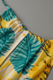 Yellow Print Bandage Hollowed Out Patchwork Backless Regular Rompers