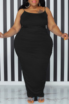 Zwarte sexy casual plus size effen rugloze lange jurk met spaghettibandjes