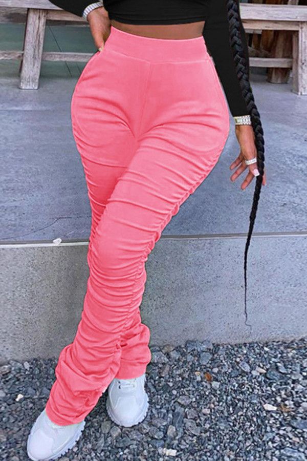 Pantalones de cintura alta regulares con pliegues sólidos casuales de moda rosa