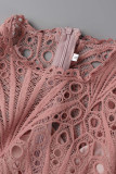 Rose Red Elegant Solid Hollowed Out Split Joint Fold O Neck Dresses(Without Belt)