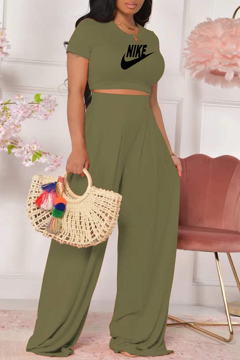 

Army Green Fashion Casual Print Letter O Neck Short Sleeve Two Pieces