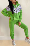 Colletto con cappuccio patchwork stampa casual moda verde manica lunga due pezzi