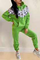 Gola verde moda casual estampa patchwork com capuz manga longa duas peças