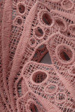 ピンクのエレガントなソリッドくり抜きパッチワーク折りOネックドレス(ベルトなし)