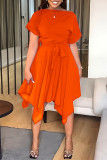 Оранжевое модное повседневное сплошное лоскутное асимметричное платье с круглым вырезом и коротким рукавом