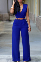 Blu royal moda casual patchwork solido con cintura scollo a V tute regolari