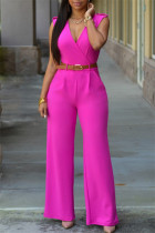 Pink Fashion Casual Solid Patchwork mit Gürtel V-Ausschnitt Regular Jumpsuits