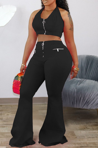 Black Sexy Casual Solid Bandage Backless Halter Sleeveless Two Pieces