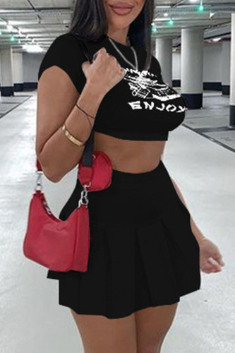 Black Fashion Casual Print Basic O Neck Short Sleeve Two Pieces