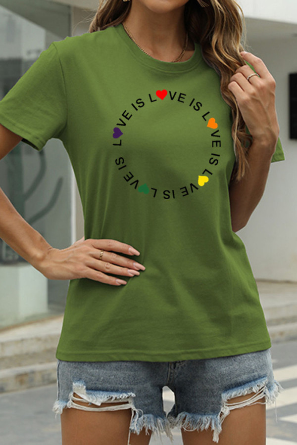 アーミーグリーンファッションカジュアルプリントベーシックOネックTシャツ