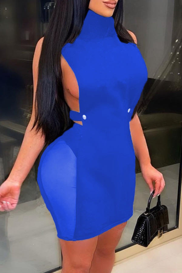 Vestido azul fashion sexy sólido patchwork transparente gola alta sem mangas