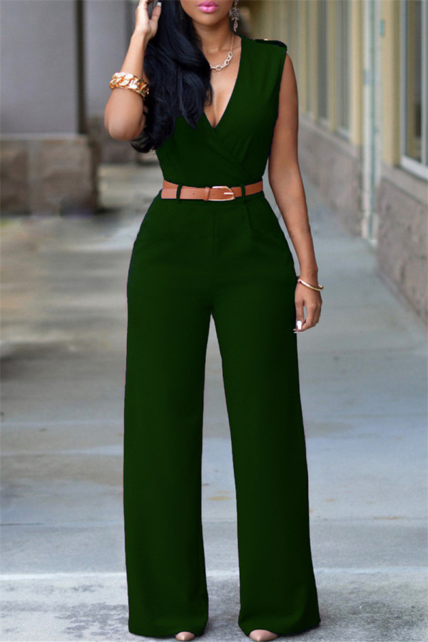 Verde inchiostro moda casual solido patchwork con cintura scollo a V tute regolari