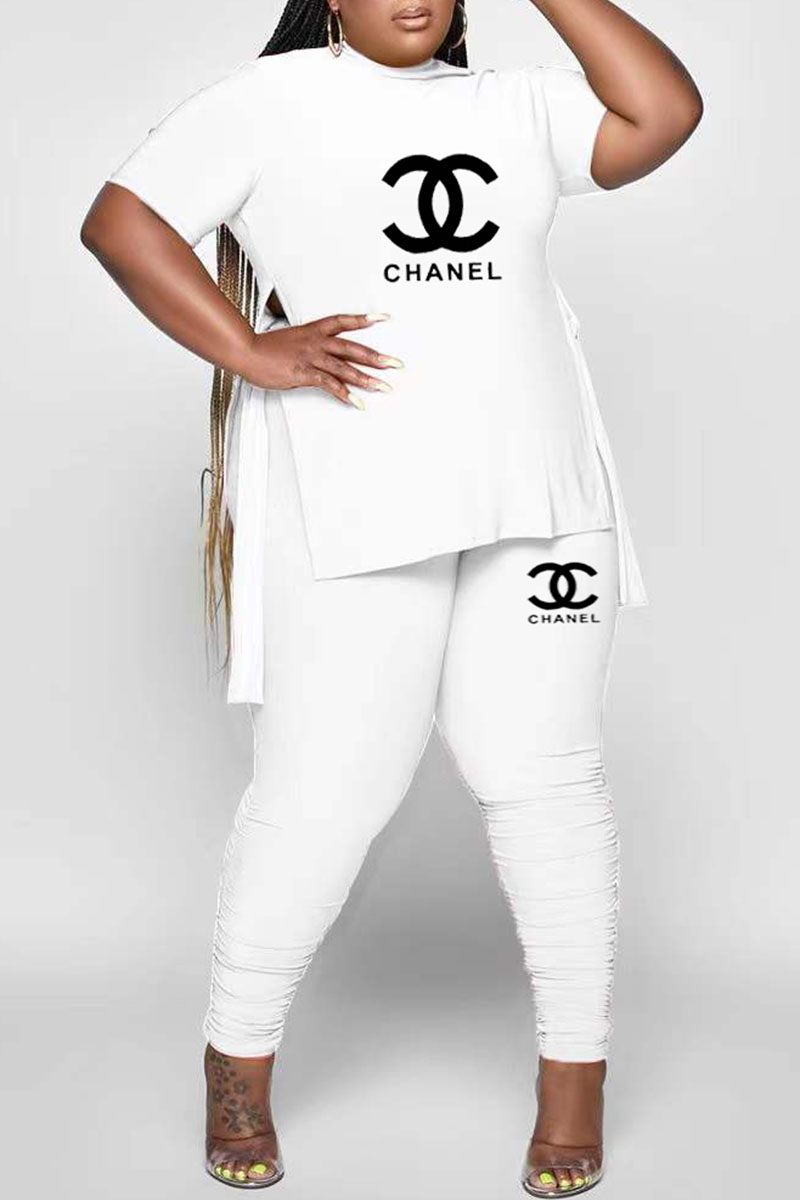 

White Fashion Casual Print Letter O Neck Plus Size Two Pieces