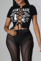 Zwart Sexy Casual Print Bandage Uitgeholde T-shirts met O-hals