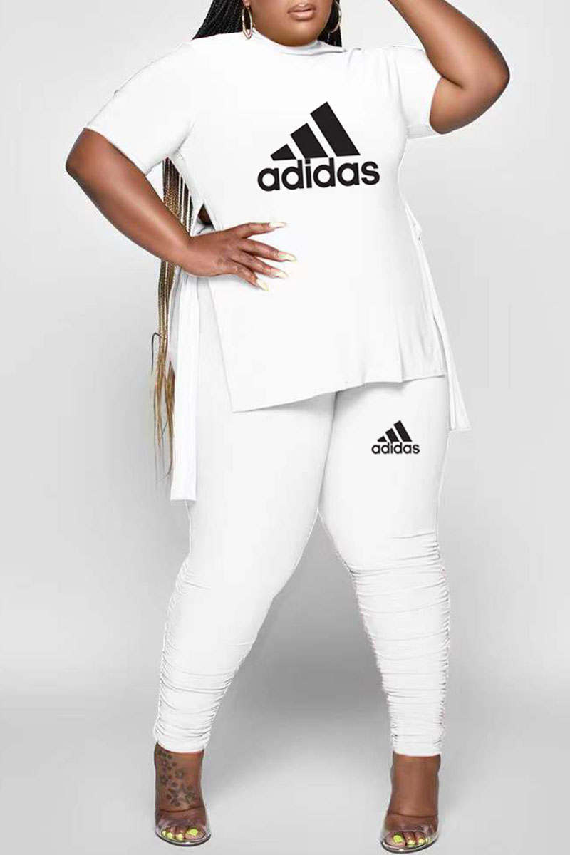 

White Fashion Casual Print Letter O Neck Plus Size Two Pieces