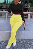 Pantalones de cintura alta regulares con pliegues sólidos casuales de moda amarillos