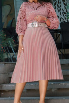 Vestidos com decote em O com dobra em patchwork vazado rosa elegante elegante (sem cinto)