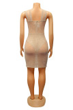 Apricot Sexy Patchwork Hot Drilling Hollowed Out Backless Slit V Neck Sleeveless Dress