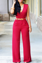 Red Fashion Casual Solid Patchwork With Belt V Neck Regular Jumpsuits