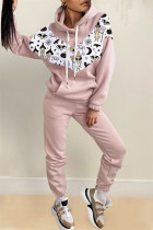 ピンクファッションカジュアルプリントパッチワークフード付きカラー長袖ツーピース