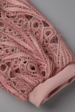 ピンクのエレガントなソリッドくり抜きパッチワーク折りOネックドレス(ベルトなし)