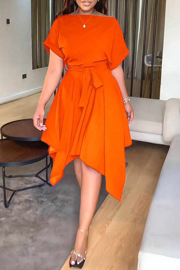 Orange Fashion Casual Solid Patchwork Asymmetrisches Kurzarmkleid mit O-Ausschnitt
