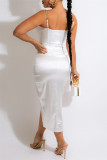 ホワイトファッションセクシーなソリッドパッチワークスリットスパゲッティストラップノースリーブドレスドレス