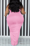 Pink Sexy Casual Plus Size Solid Backless Spaghetti Strap Long Dress