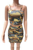 Army Green Sexy Casual Camouflage Print Backless Spaghetti Strap Sleeveless Two Pieces