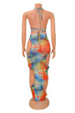 Multicolor Sexy Print Bandage Hollowed Out See-through Backless Halter Sleeveless Two Pieces