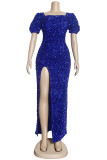 Blue Fashion Sexy Plus Size Solid Sequins Patchwork Slit Square Collar Evening Dress