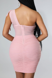 Pink Sexy Solid Mesh One Shoulder Pencil Skirt Dresses