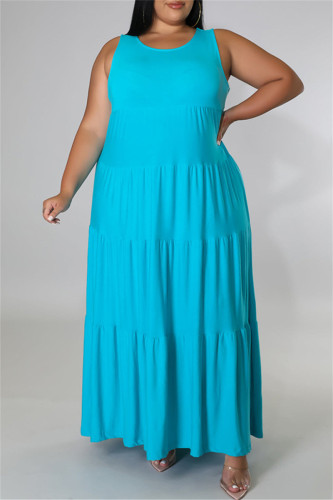 Light Blue Fashion Casual Plus Size Solid Basic O Neck Vest Dress