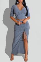 Blue Fashion Casual Solid Bandage Patchwork Slit V Neck Half Sleeve Two Pieces