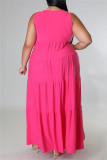 Розово-красное модное повседневное однотонное базовое платье большого размера с круглым вырезом и жилетом больших размеров
