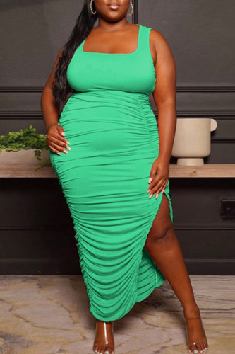 Green Casual Solid Patchwork Slit Fold U Neck One Step Skirt Plus Size Dresses