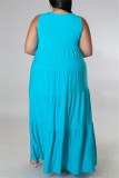 Светло-голубое модное повседневное однотонное базовое платье большого размера с круглым вырезом и жилетом больших размеров