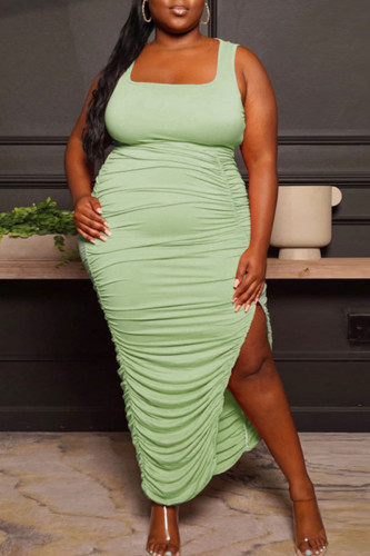 Light Green Casual Solid Patchwork Slit Fold U Neck One Step Skirt Plus Size Dresses