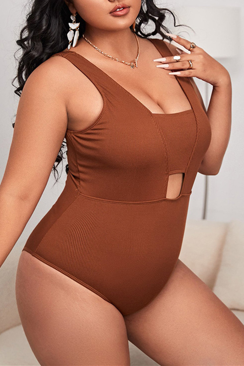 

Orange Fashion Sexy Solid Hollowed Out Backless O Neck Plus Size Swimwear Three-piece Set (With Paddings)