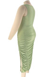 ライトグリーンカジュアルソリッドパッチワークスリットフォールドUネックワンステップスカートプラスサイズのドレス