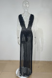 Schwarze Mode Sexy Patchwork Hot Drilling Durchsichtiges rückenfreies ärmelloses Kleid mit V-Ausschnitt