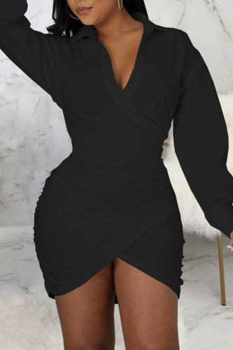 Black Casual Solid Patchwork Asymmetrical V Neck Shirt Dress Dresses(Without Belt)