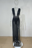 Черное модное сексуальное лоскутное горячее сверление прозрачное платье без рукавов с открытой спиной и V-образным вырезом