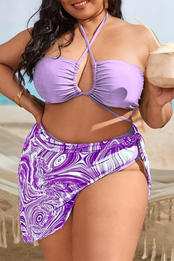 Фиолетовый модный сексуальный принт с повязкой на спине Холтер плюс размер купальники из трех частей (с прокладками)