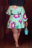 Grönt mode Casual Print Patchwork med bälte o-hals långärmade klänningar i plusstorlek
